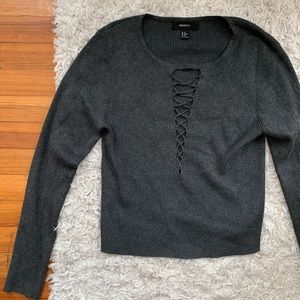 Lace up plunging v-neck ribbed gray sweater